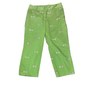 Lilly Pulitzer Vintage Pink & Green Embroidered Dragonfly Cropped Pants - 8